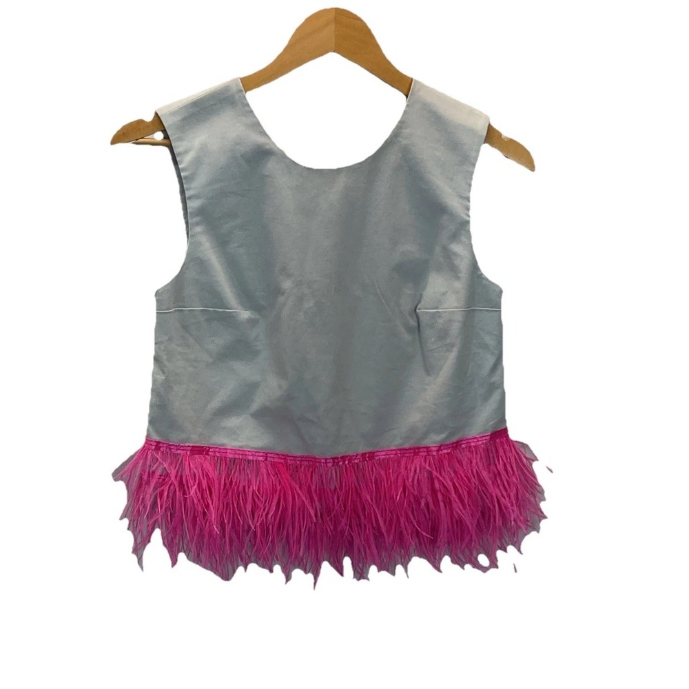 Katie Kime Top Grey Hot Pink Boa Embellished Flirty Size‎ XS